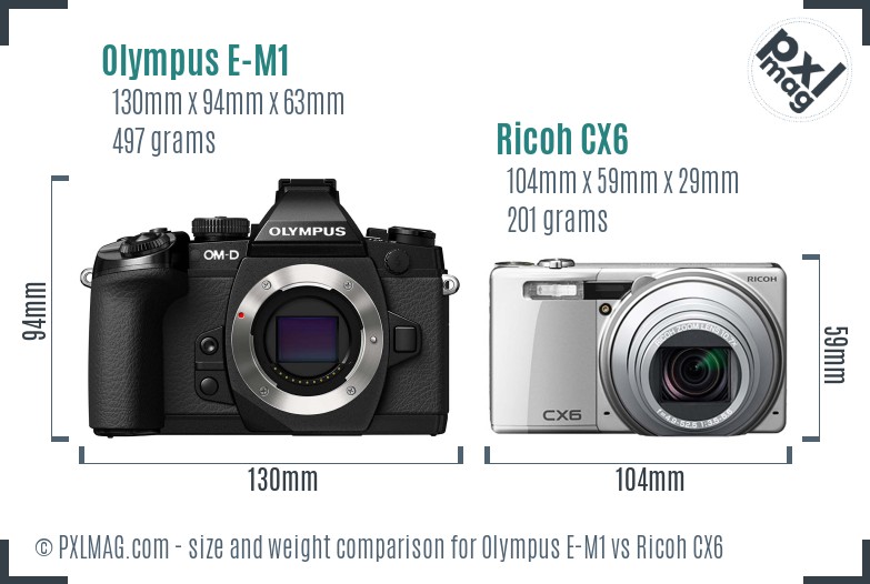 Olympus E-M1 vs Ricoh CX6 size comparison
