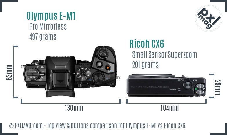 Olympus E-M1 vs Ricoh CX6 top view buttons comparison