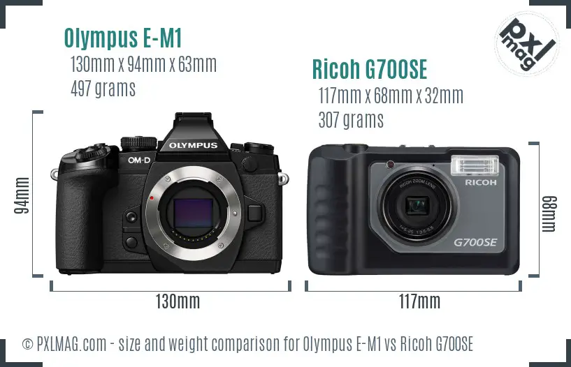 Olympus E-M1 vs Ricoh G700SE size comparison