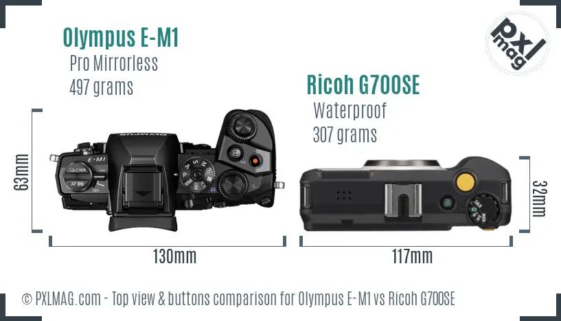 Olympus E-M1 vs Ricoh G700SE top view buttons comparison