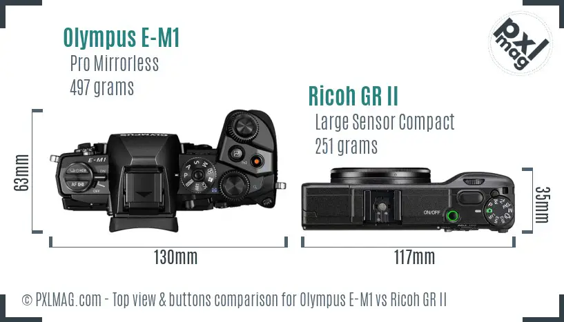 Olympus E-M1 vs Ricoh GR II top view buttons comparison Olympus E-M1 vs Ricoh GR II top view buttons comparison