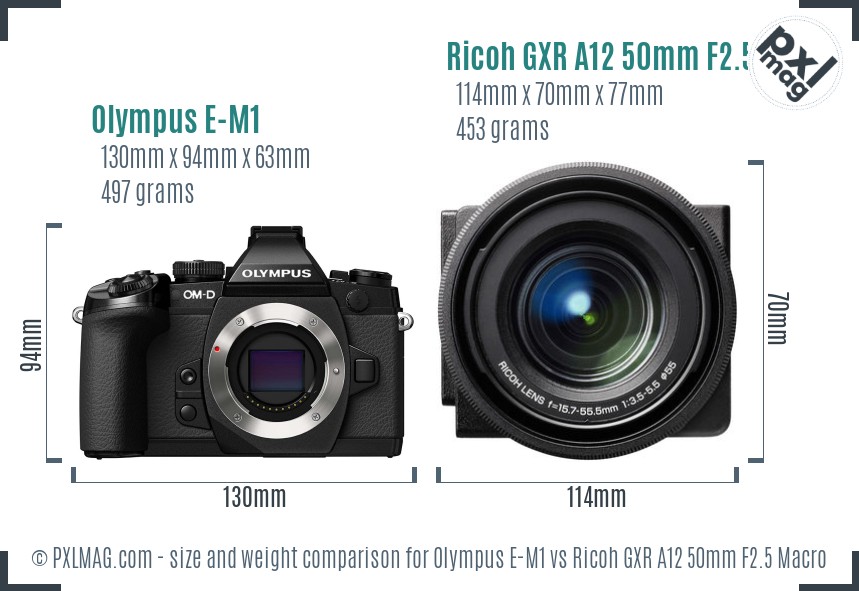 Olympus E-M1 vs Ricoh GXR A12 50mm F2.5 Macro size comparison