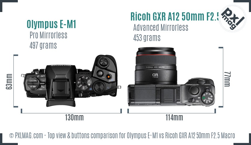 Olympus E-M1 vs Ricoh GXR A12 50mm F2.5 Macro top view buttons comparison