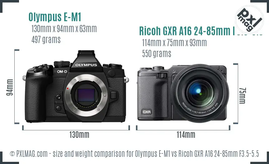 Olympus E-M1 vs Ricoh GXR A16 24-85mm F3.5-5.5 size comparison Olympus E-M1 vs Ricoh GXR A16 24-85mm F3.5-5.5 size comparison