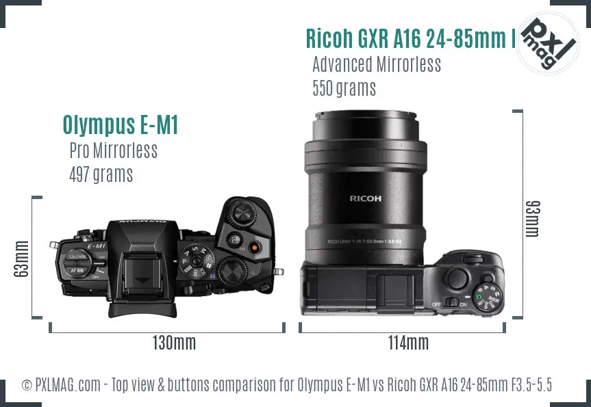 Olympus E-M1 vs Ricoh GXR A16 24-85mm F3.5-5.5 top view buttons comparison Olympus E-M1 vs Ricoh GXR A16 24-85mm F3.5-5.5 top view buttons comparison