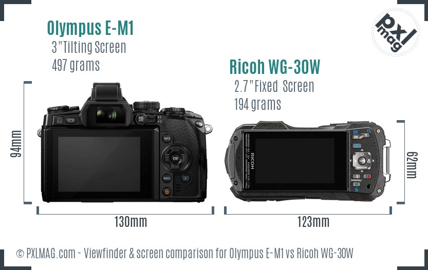 Olympus E-M1 vs Ricoh WG-30W Screen and Viewfinder comparison