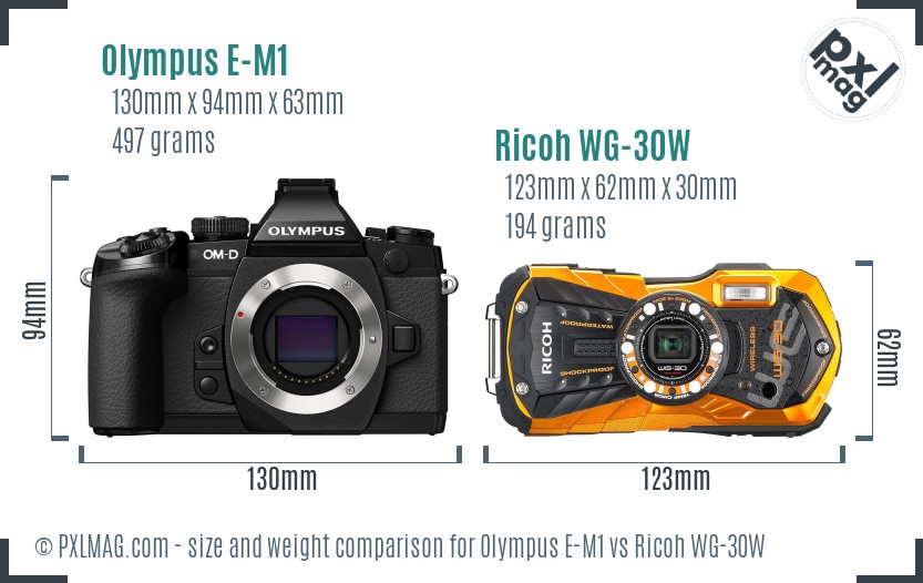 Olympus E-M1 vs Ricoh WG-30W size comparison Olympus E-M1 vs Ricoh WG-30W size comparison