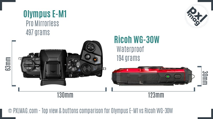 Olympus E-M1 vs Ricoh WG-30W top view buttons comparison