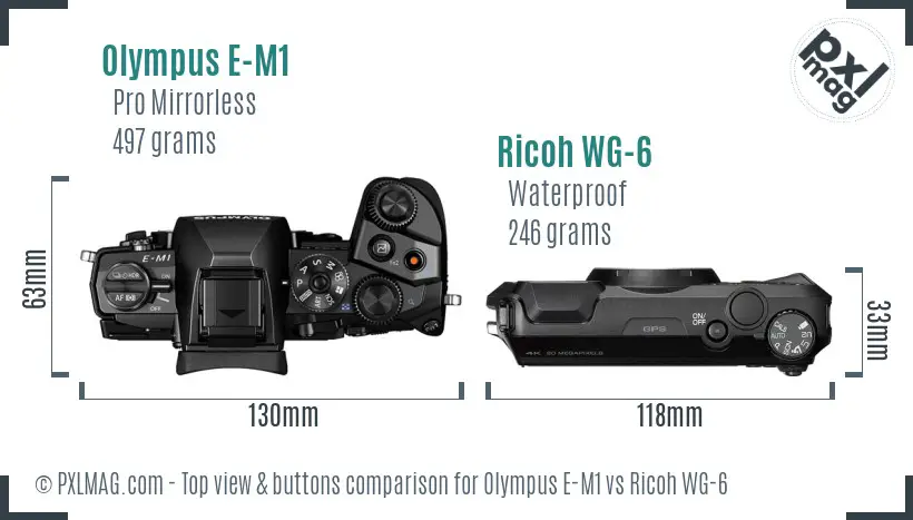 Olympus E-M1 vs Ricoh WG-6 top view buttons comparison