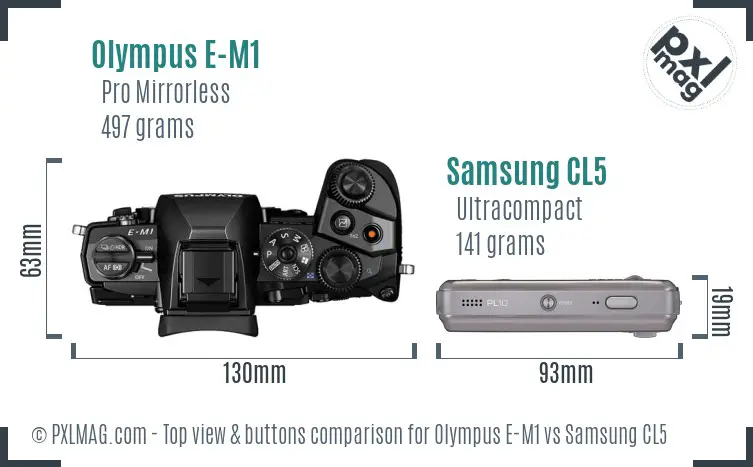 Olympus E-M1 vs Samsung CL5 top view buttons comparison Olympus E-M1 vs Samsung CL5 top view buttons comparison