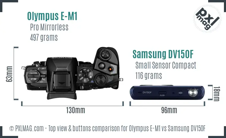 Olympus E-M1 vs Samsung DV150F top view buttons comparison