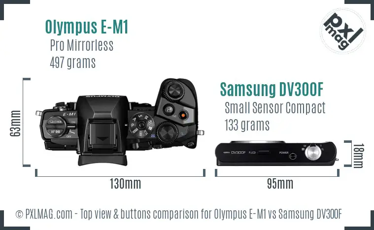 Olympus E-M1 vs Samsung DV300F top view buttons comparison Olympus E-M1 vs Samsung DV300F top view buttons comparison