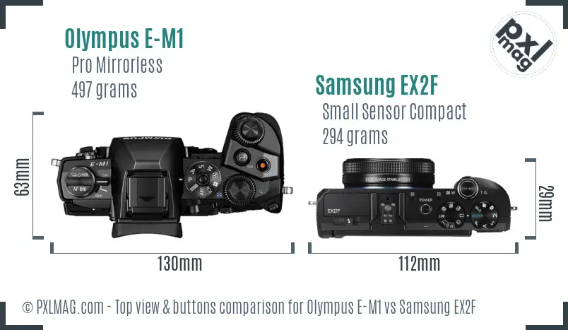 Olympus E-M1 vs Samsung EX2F top view buttons comparison