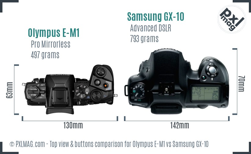 Olympus E-M1 vs Samsung GX-10 top view buttons comparison