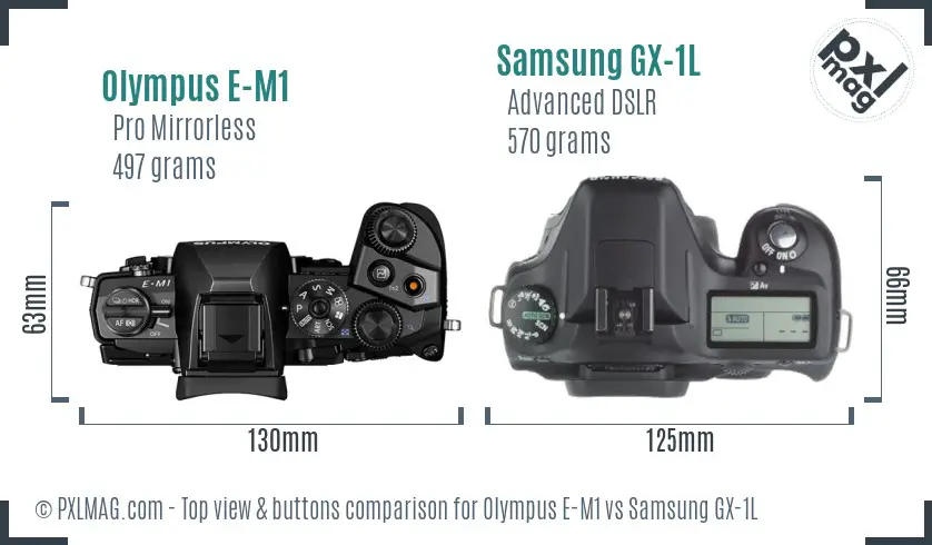 Olympus E-M1 vs Samsung GX-1L top view buttons comparison