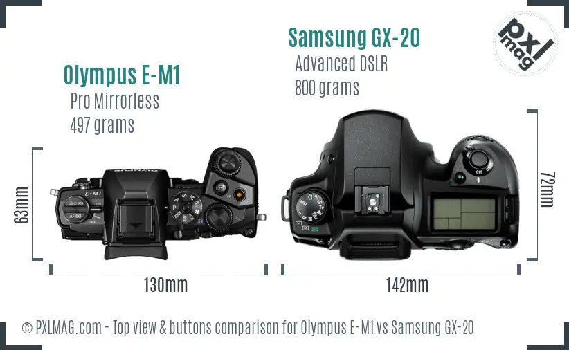 Olympus E-M1 vs Samsung GX-20 top view buttons comparison