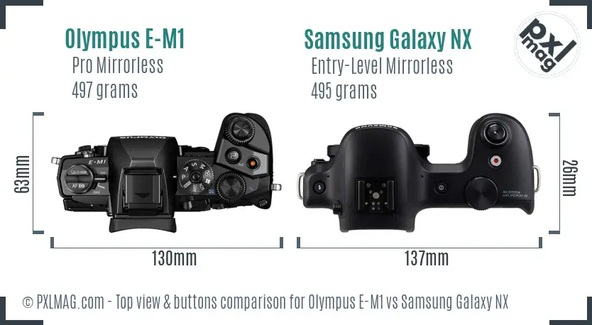 Olympus E-M1 vs Samsung Galaxy NX top view buttons comparison