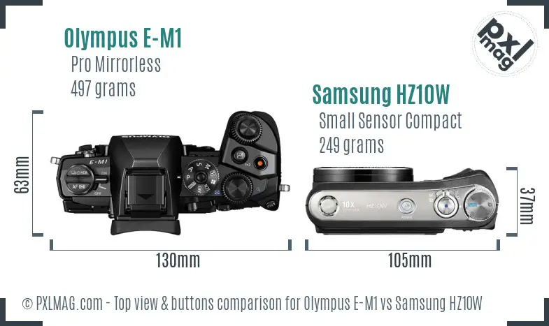 Olympus E-M1 vs Samsung HZ10W top view buttons comparison Olympus E-M1 vs Samsung HZ10W top view buttons comparison