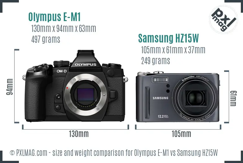 Olympus E-M1 vs Samsung HZ15W size comparison