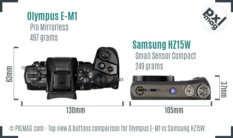 Olympus E-M1 vs Samsung HZ15W top view buttons comparison