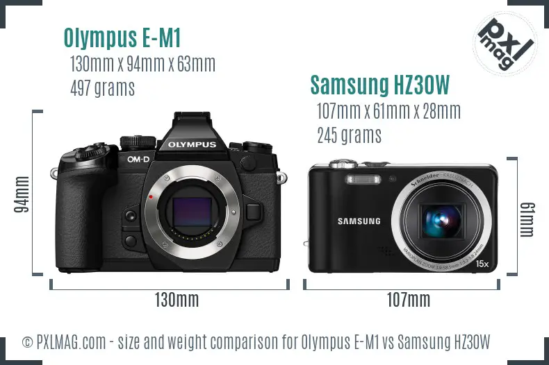 Olympus E-M1 vs Samsung HZ30W size comparison Olympus E-M1 vs Samsung HZ30W size comparison
