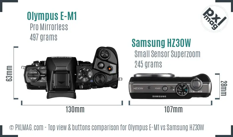 Olympus E-M1 vs Samsung HZ30W top view buttons comparison Olympus E-M1 vs Samsung HZ30W top view buttons comparison