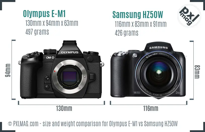 Olympus E-M1 vs Samsung HZ50W size comparison