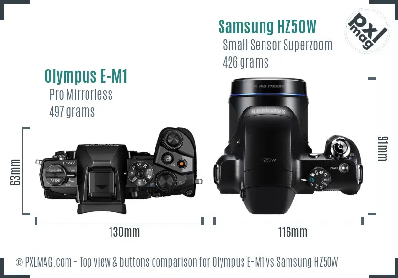 Olympus E-M1 vs Samsung HZ50W top view buttons comparison