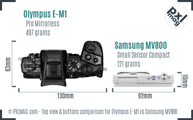 Olympus E-M1 vs Samsung MV800 top view buttons comparison