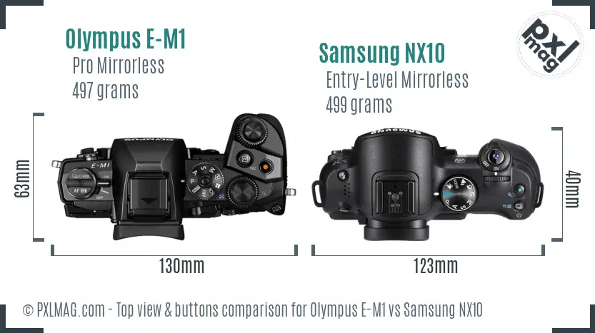 Olympus E-M1 vs Samsung NX10 top view buttons comparison