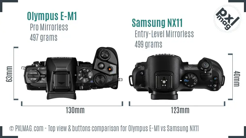 Olympus E-M1 vs Samsung NX11 top view buttons comparison