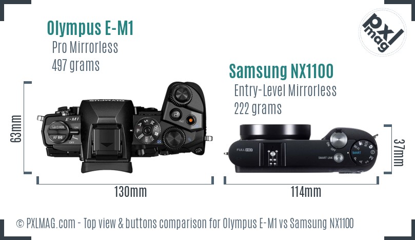 Olympus E-M1 vs Samsung NX1100 top view buttons comparison