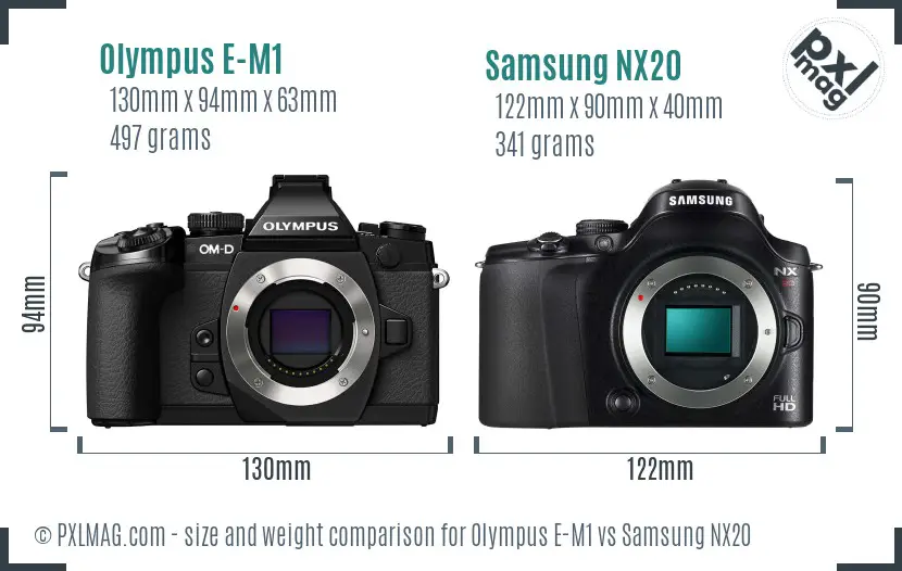 Olympus E-M1 vs Samsung NX20 size comparison