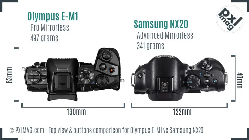 Olympus E-M1 vs Samsung NX20 top view buttons comparison