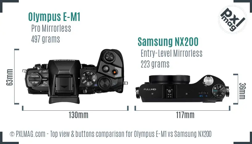 Olympus E-M1 vs Samsung NX200 top view buttons comparison