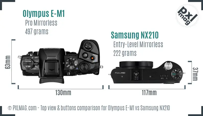 Olympus E-M1 vs Samsung NX210 top view buttons comparison Olympus E-M1 vs Samsung NX210 top view buttons comparison