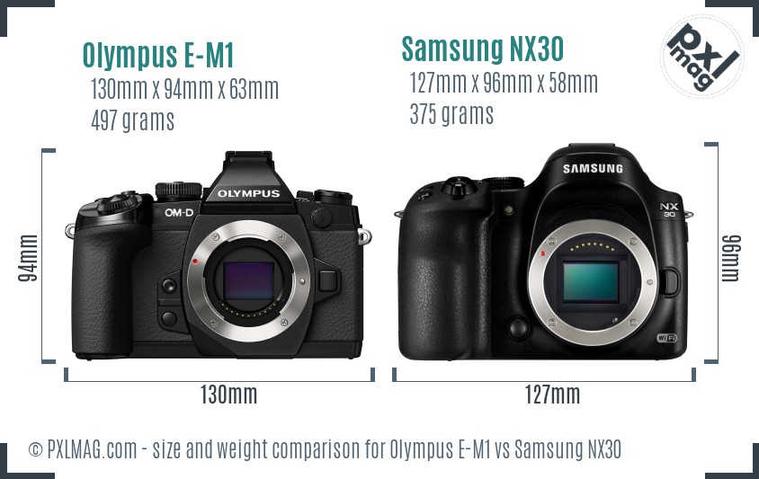 Olympus E-M1 vs Samsung NX30 size comparison Olympus E-M1 vs Samsung NX30 size comparison