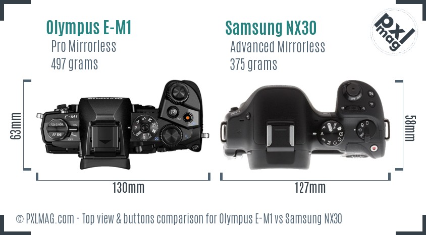 Olympus E-M1 vs Samsung NX30 top view buttons comparison