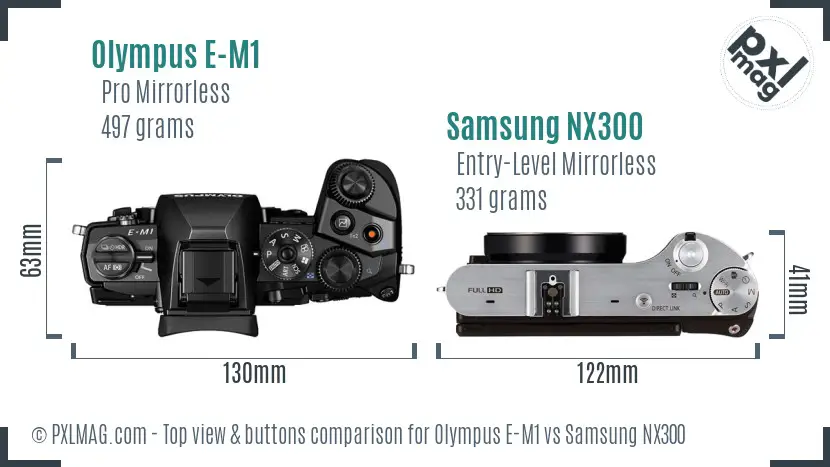Olympus E-M1 vs Samsung NX300 top view buttons comparison