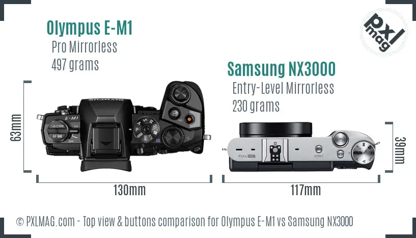 Olympus E-M1 vs Samsung NX3000 top view buttons comparison