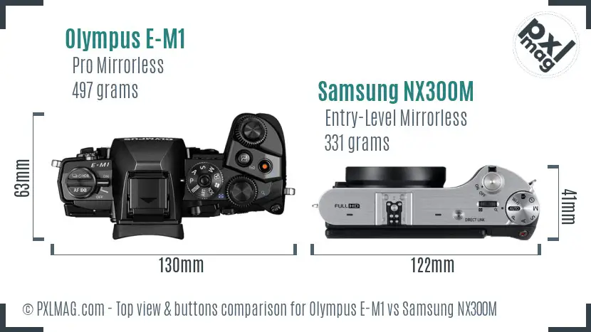 Olympus E-M1 vs Samsung NX300M top view buttons comparison Olympus E-M1 vs Samsung NX300M top view buttons comparison