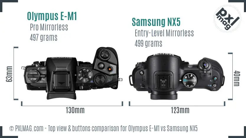 Olympus E-M1 vs Samsung NX5 top view buttons comparison