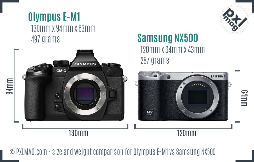 Olympus E-M1 vs Samsung NX500 size comparison Olympus E-M1 vs Samsung NX500 size comparison