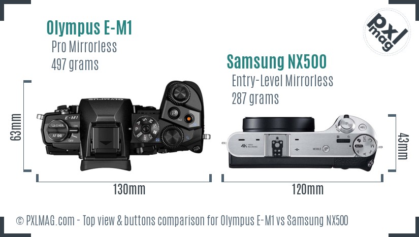Olympus E-M1 vs Samsung NX500 top view buttons comparison