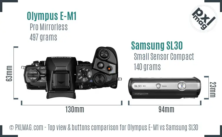 Olympus E-M1 vs Samsung SL30 top view buttons comparison