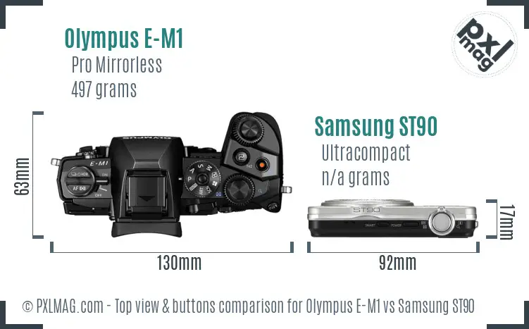 Olympus E-M1 vs Samsung ST90 top view buttons comparison