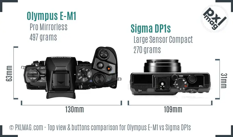 Olympus E-M1 vs Sigma DP1s top view buttons comparison Olympus E-M1 vs Sigma DP1s top view buttons comparison