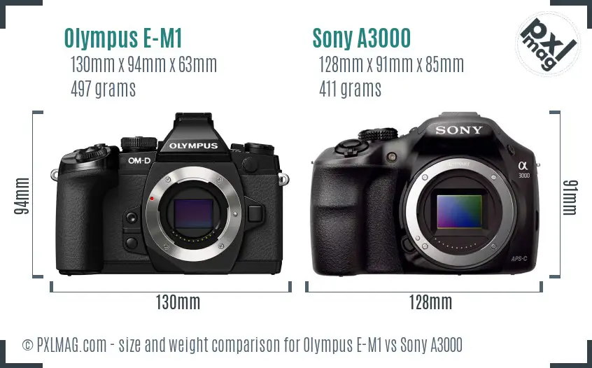 Olympus E-M1 vs Sony A3000 size comparison Olympus E-M1 vs Sony A3000 size comparison