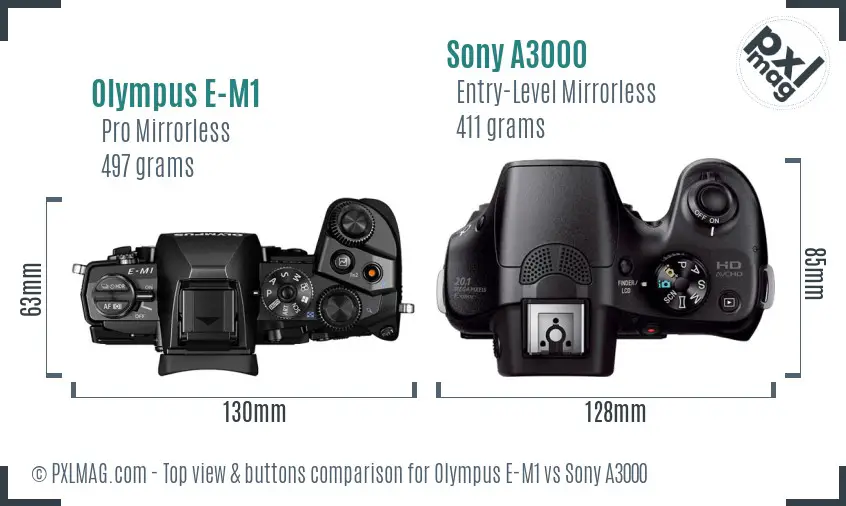 Olympus E-M1 vs Sony A3000 top view buttons comparison Olympus E-M1 vs Sony A3000 top view buttons comparison
