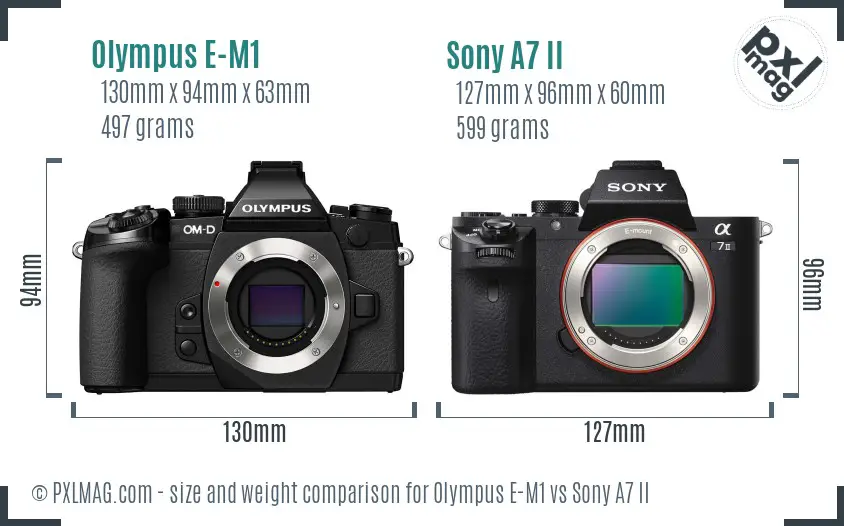 Olympus E-M1 vs Sony A7 II size comparison